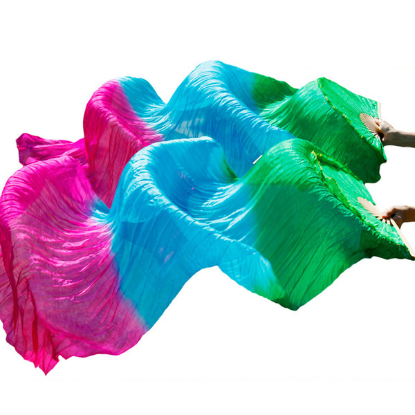 High Quality 100% Silk Belly Dance Fans Bamboo Ribs Silk Fans 1Pair Belly Dance Performance Props Long Green+Turquoise+Rose