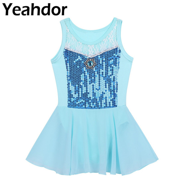 Kids Girls Sleeveless Sequined Diamond Princess Floral Lace Tutu Ballet Dance Skirt Ballet Leotard Dress Child Dancerwear