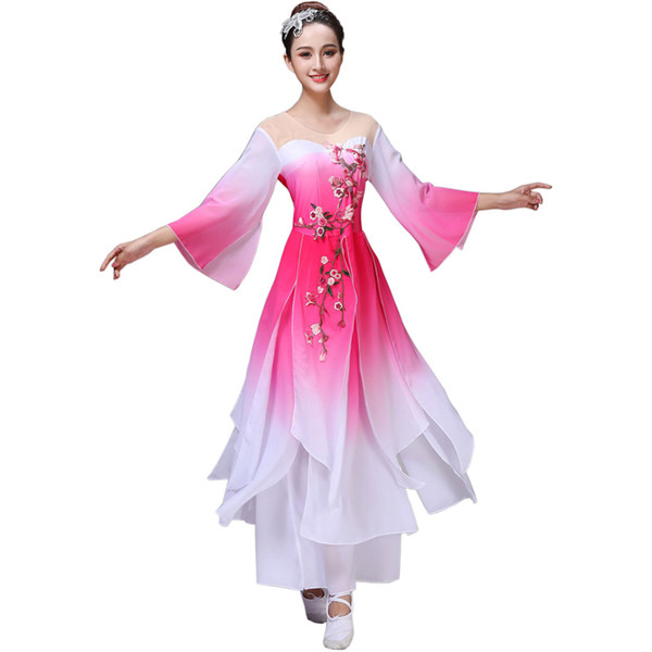 Chinese hanfu women folk dance costume dancer costume ancient chinese pink folk dress rhinstones stage wear Embroidery