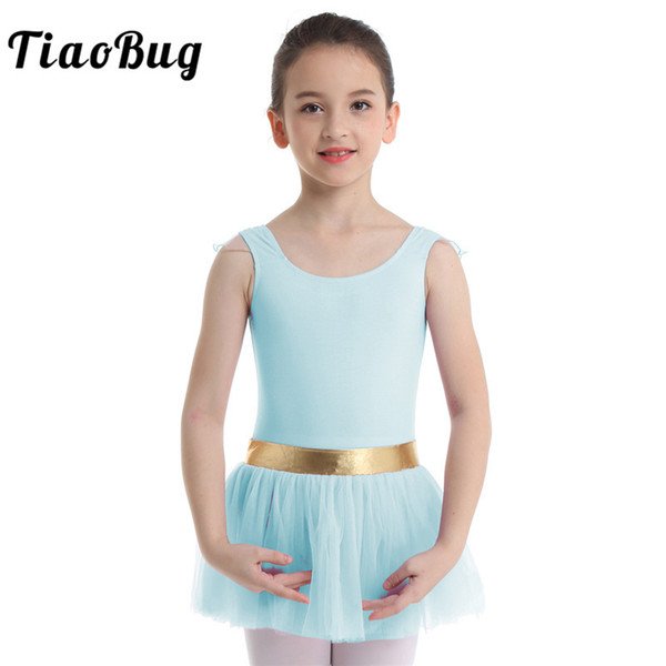 TiaoBug Kids Girls Gold Striped Waist Professional Ballet Tutu Mesh Dress Children Gymnastics Ballet Leotard Stage Dance Costume