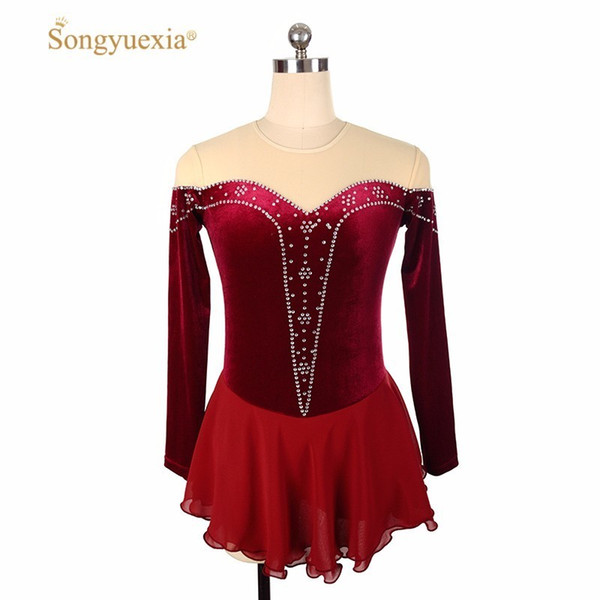 Fennell Customized Children Adult Figure Skating Woman Performance Match Level Skirt Velvet Alcohol Red Hot Drilling