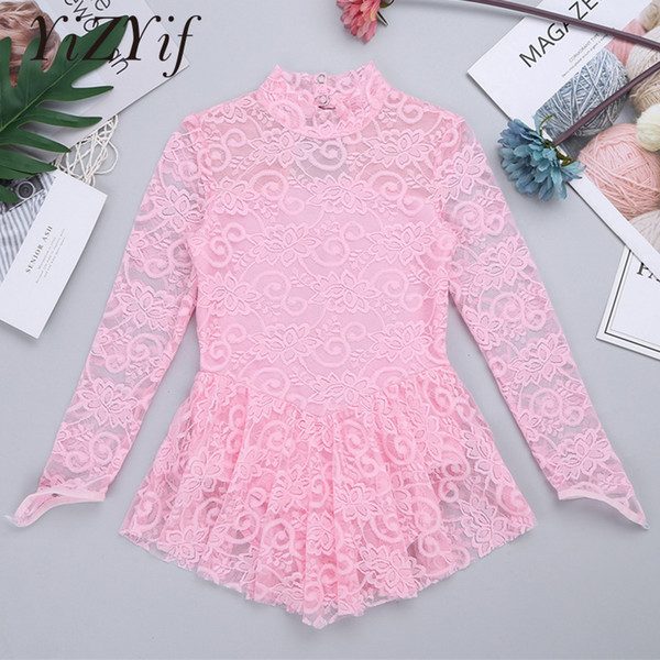 YiZYiF Kids Girls Figure Ice Skating Dress Ballet Dance Leotard Dress Long Sleeves Mock Neck Floral Lace Roller Skating