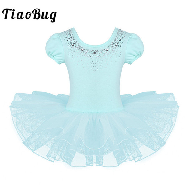 TiaoBug 2-8 Years Kids Girls Mesh Short Bubble Sleeve Sparkly Rhinestones Ballet Dance Gymnastics Leotard Ballerina Tutu Dress