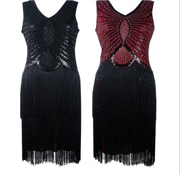 Women Art Deco Great Gatsby Inspired Tassel Beaded 1920s Flapper DressOne Piece Latin Dance Costume Sexy V Neck Plus Size Red