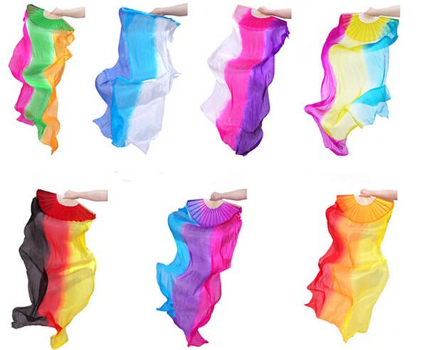 Free Shipping 100% Silk Belly Dance Fan Veils Vertical Rainbow Colors Female Bamboo Fans For Square Dancer Free Shipping