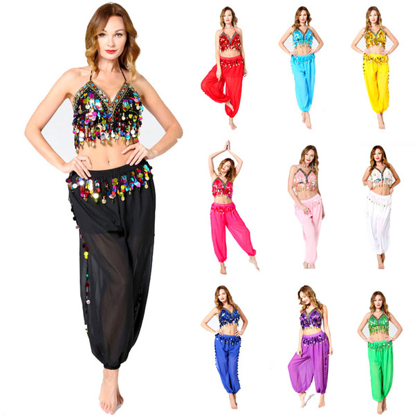 Women Stage Wear Set Bling Sequin Chiffon Indian Dance Costume Belly Dance Arab Dance Girl Shirt + Pants Party Fashion 10 Colours Wholesale