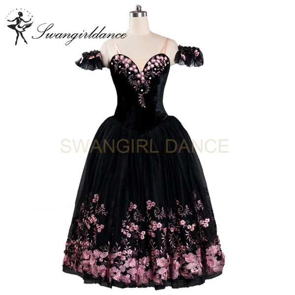 Women Black Lyrical Professional Ballet Stage Long Dress Skirt Girls Performance Compeition Costume BT9114