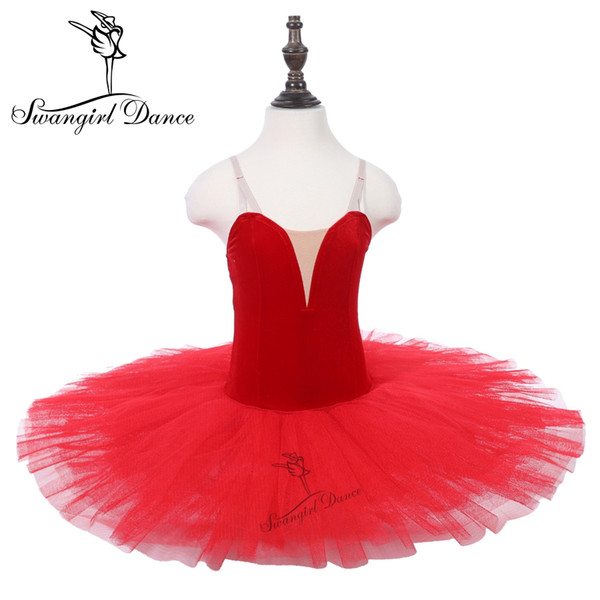 Red Pre-professional Ballet Tutus Women Velvet Bodice Dance Loetard Gymanstics Pancake Tutu Performance PPL18044G