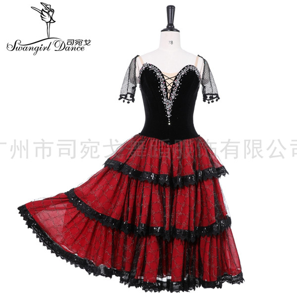 Don Quixote Variation Performance Tulle Dress Spanish Kitri Ballet Long Tutu Red Black,Professional Ballet Stage Costume BT9500