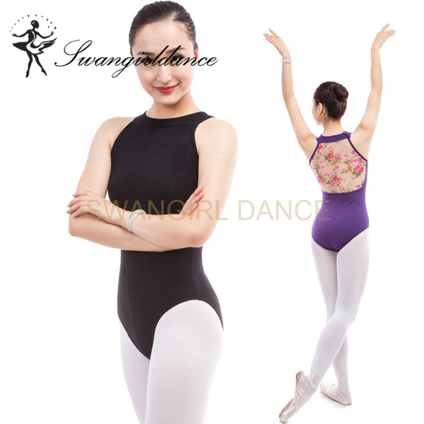 sexy turtleneck sleeveless women ballet leotards dance gymnastics costume with printing flower lace back CS0312