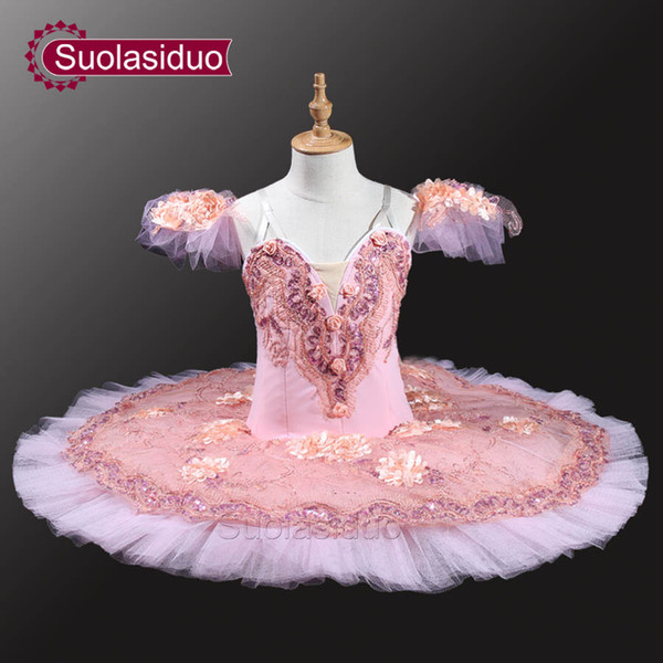 Pink Peach Professional Ballet Tutus Adult Pancake Tutu Women Classical Ballet Tutu With Flowers Stage Dancewear Costomes SD0037