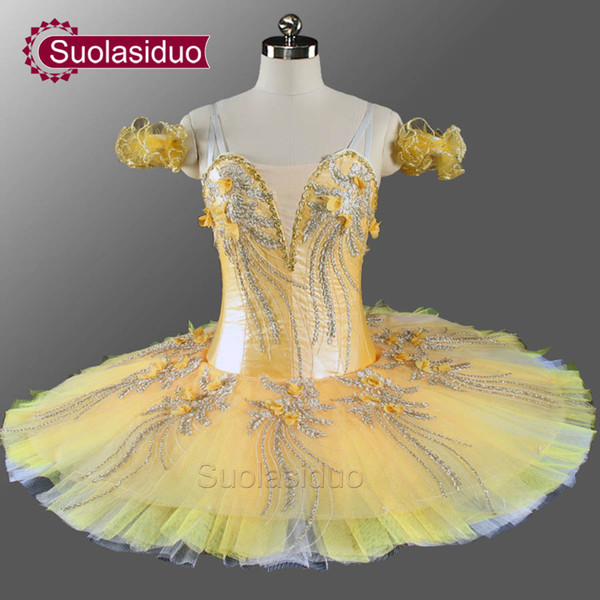 Girls Professional Ballet Tutu Yellow Gold Flower Fairy Pancake Nutcracker Ballerina Dress Pancake Ballet Tutu SD0076