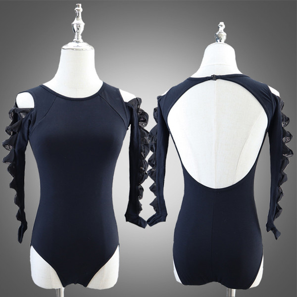 Free shiping LHigh quality OEM custom dancewear leotards long sleeves cotton black leotard womens dance leotard