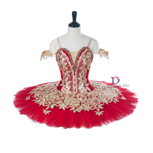 AP144 women red gold performance stage ballet tutu girls pancake professional ballet tutu stage costume for children