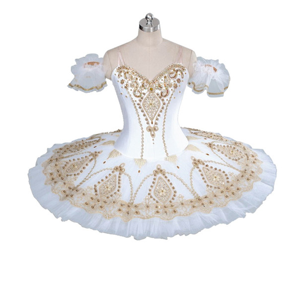 Adult Professional Ballet Tutu White Gold Fairy Doll Pancake Platter Performance Tutus Women Classical Ballet Stage Costumes BT9056