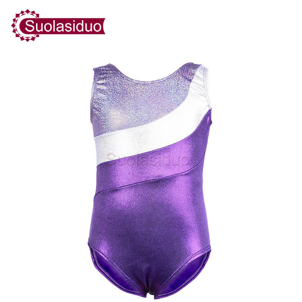 Girls Purple One-piece Leotards Shiny Children Metallic Sleeveless Gymnastics Spandex Leotard Kids Bodysuit Ballet Dance Costumes