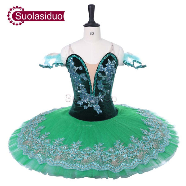 Women Dark Green Professional Ballet Tutu Green Leaf Fairy Stage Performance Apperal Children Ballet Dance Competition Costumes Adult Dress