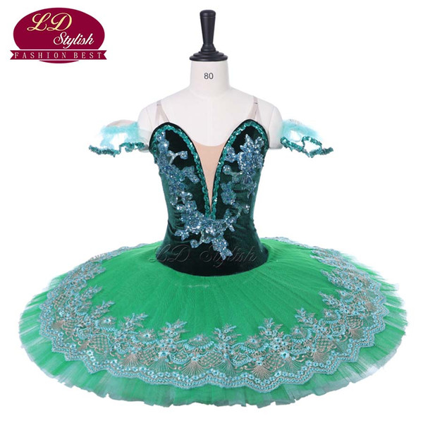 Dark Green Adult Professional Ballet Tutu Costumes Pancake Tutu Ballet Stage Wear Gilrs Competition Dancewear Women Performance Ballet Dress