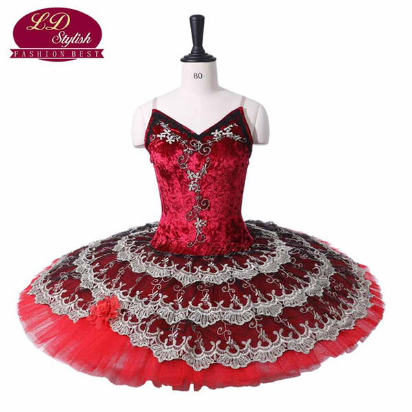 Dark Red Professional Ballet Tutu Costumes Decorated By Lace Flower The Red Shoes Performance Stage Wear Women Ballet Dance Dresses