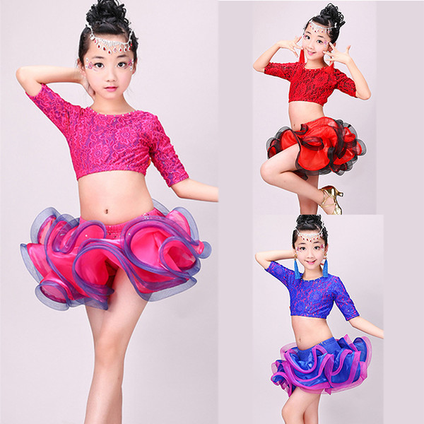 Latin Tutu Skirt Girls Dancing Tops Two Piece Set for Performance Stage Lace Floral Flamengo Samba Dancing Clothing