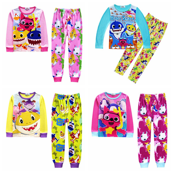 Kids Baby Shark Pajamas 5 Styles Baby Cartoon INS Indoor Suits Long Sleeve T-shirt Pants 2pcs Set Stage Wear OOA6369