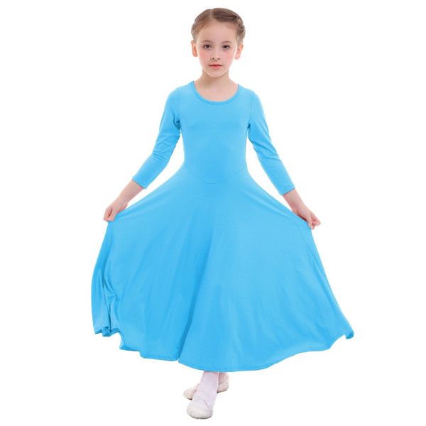 2019 New Children Girls Praise Dress Long Sleeve Pleated Swing Long Church Liturgical Dance Wear Wear Kids Girls Ballet Dress