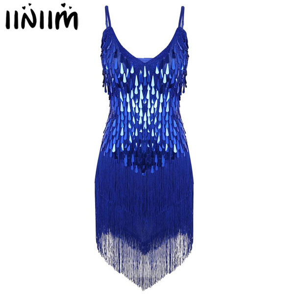 NEW Adult Women Straps Sparkling Sequins Fringe Dance Party Dress Gowns Rhythm Ballroom Costumes Samba Rumba Tango Dance Dress