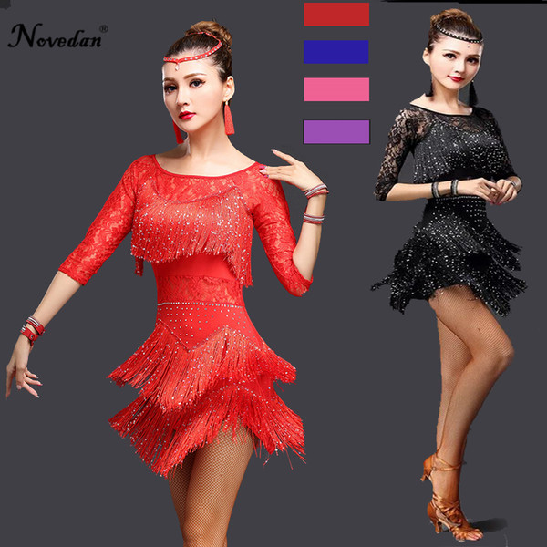 Sexy Red Tango Dress Salsa Latin Dance Dress Women Lace Fringe Ballroom Dance Competition Dresses For Sale