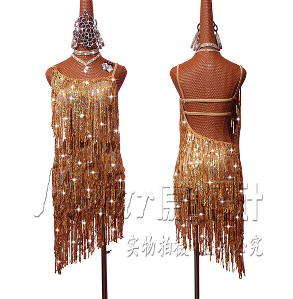 New Latin Dance Competition Costume Performing Suit Hanging Belt, Golden Sequin Skirt and Skirt