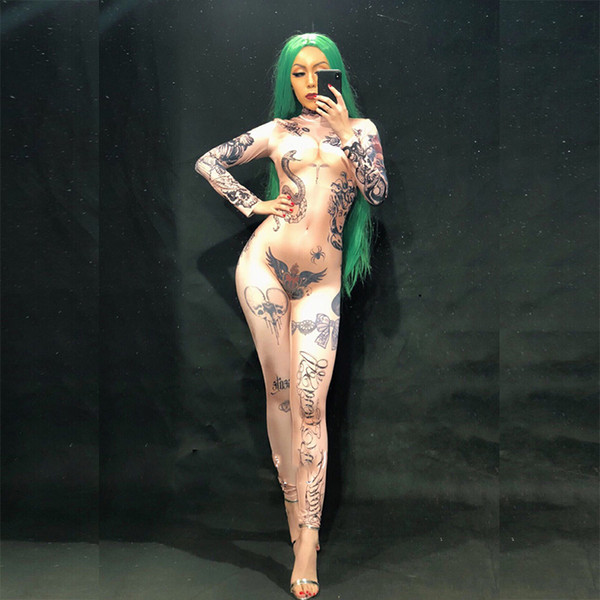 Women Naked Tattoo 3d Printing Sexy Jumpsuit Nightclub Party Bodysuit Stage Wear Dancer Singer Performance Clothing