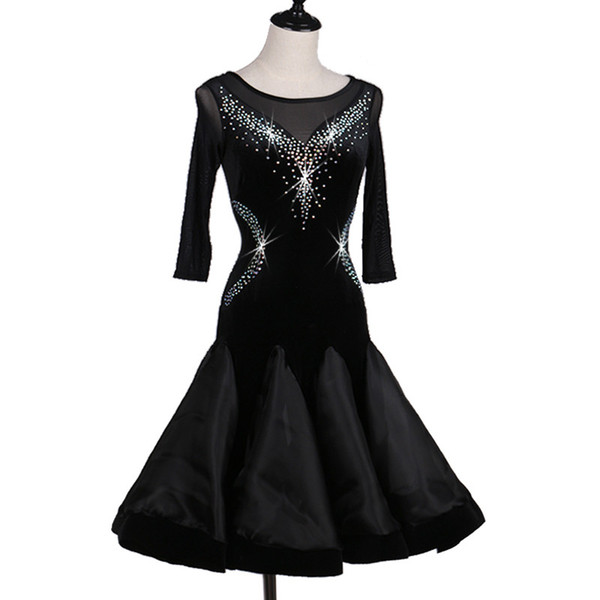 Black Adult/Girl Latin Dance Dress Salsa Tango Cha cha Ballroom Competition Dance Dress Mesh Stitching Rhinestone Velvet Dress Custom 009