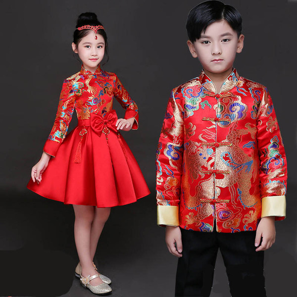 Kid China dress of the Tang Dynasty Chinese traditional garments jacket costume pants for children boy girl clothing