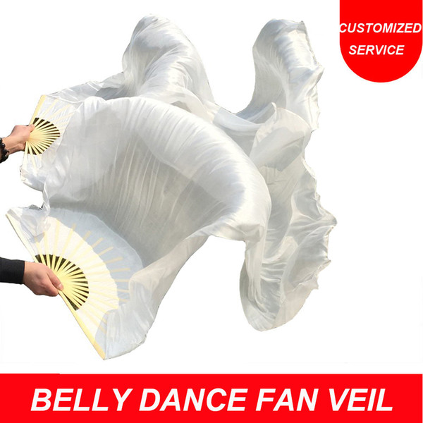 Hot Selling Women High Quality Chinese Silk Veil Dance Fans 1 Pair of Belly Dance Solid White Color Silk Long Fan Veil