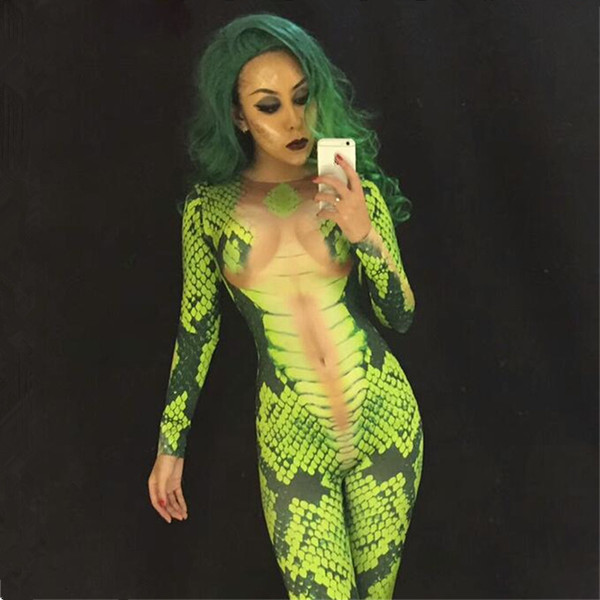 Snake tattoo jumpsuit 3D Printing leotard elastic rompers Nightclub singer dancer performance clothing Role costumes