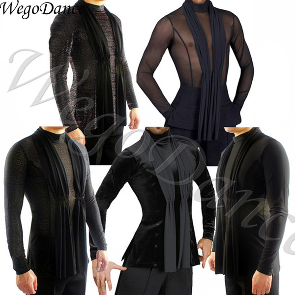 customized Fantasia Latin Dance Tops Black Long Sleeve high quality stretch Shirt New Men Ballroom Competitive Shirts