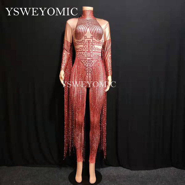 Shiny Crystals Red bodysuit Sexy Long Tassel Women Outfit Nightclub Female Singer Costume Stage Dance Performance Wear YS64