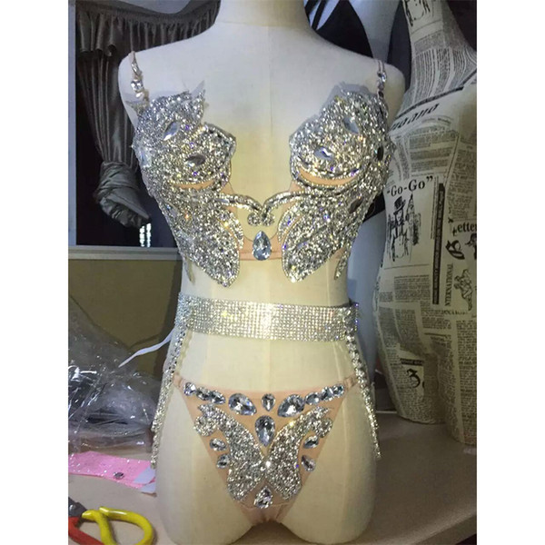 Silver Bling Rhinestones Bikini Outfit 3 pieces Set Jazz Costume Singer Performance Wear Evening Crystals Chains Sexy Outfits