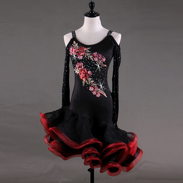 New Latin Dance Dress Rumba Tang Chacha Ballroom Group Competition Black Rhinestones Dance Dress 1801