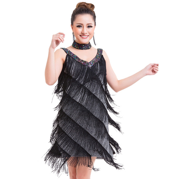 Black 1920s Gatsby Flapper Dress Sexy Women's Beaded Sequined V Neck Fancy Fringe Dress Salsa Rumba Samba Jazz Latin Dance