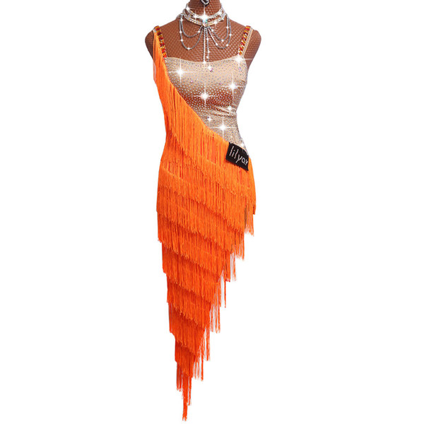 Sexy Latin Dance Dresses For Ladies Orange Cocktail Braces Dresses Young Female Women Ballroom Tutu Tassel DM1035