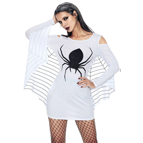 Halloween Costumes Fashion Festival Cosplay Uniform Spider Print Round Collar Off-Shoulder Bat Long Sleeve Slim Plus Size Stage Wear