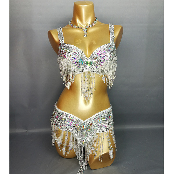 New arrival Women's beaded belly dance costume wear Bar+Belt 2pc set 11 colors ladies bellydancing costumes bellydance clothes