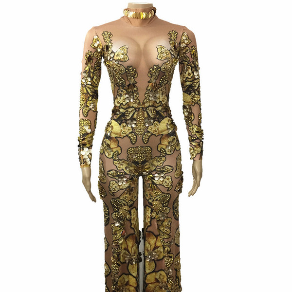 Fashion Gold Rhinestones Sequins Rompers Female Singer Dancer Long Pants Costume One-piece Bodysuit Party Outfit Jumpsuit DJ411