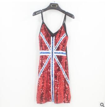 Real new V-neck suspenders stage performance clothing British flag pattern sequined dress costume female