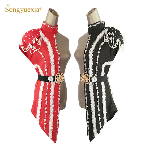 Women's Patchwork Stage Costume New Fashion Female Singer DS DJ Costume Adult Dancing Clothes with White Pearl Chain Collar and