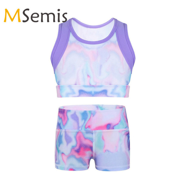 Kids Girls Colorful Ballet Crop Top Ballet Shorts Girl Gymnastic Swimsuit Tie-Dye Tanks Top for Stage Performance Workout