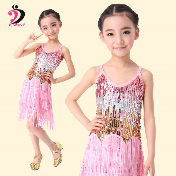 Latin Dance Dress for Girls Ballroom Dancing Dresses for Kids Children Professional Latin Sequin Fringe Salsa Tassel 6 Colors