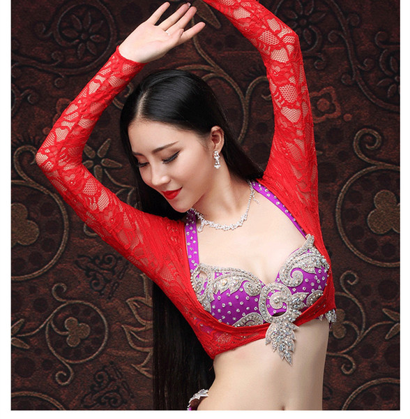 Women's Lace Open Bust Long Sleeve Belly Dance Crop Top Solid V Neck Dancer Blouse White Red Hot Pink M L Free Shipping