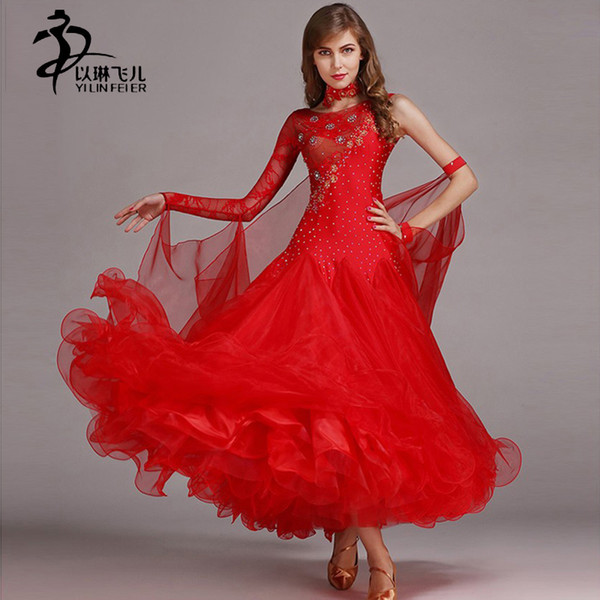 Modern Dance Dress Waltz Standard Competition Rhinestone Red Dress Standard Ballroom Dancing Clothes Competition