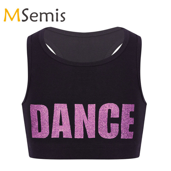 Kids Girls Gymnastic Swimsuit Ballet Crop Top Dance Top for Chid Racer Back Shiny Printed Sports Bra for Dance Stage Performance